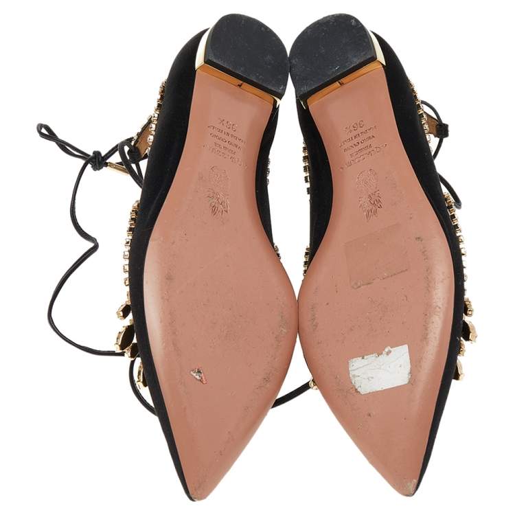 Pre Owned Aquazzura Alexa Black Satin Crystal Embellished Ankle Strap Flats Size 36.5 