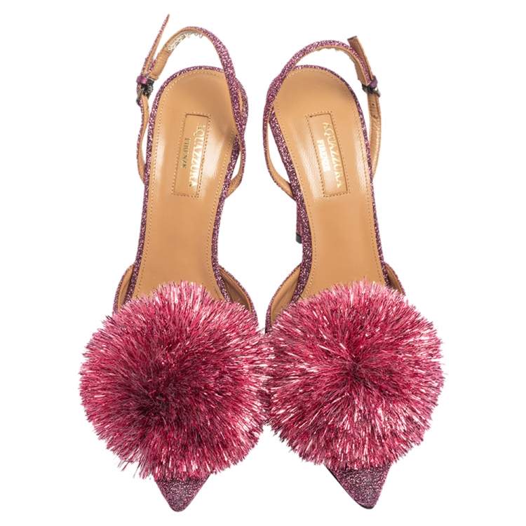 Pre Owned Aquazzura Pink Lurex Powder Puff Ankle Strap Sandals Size 38