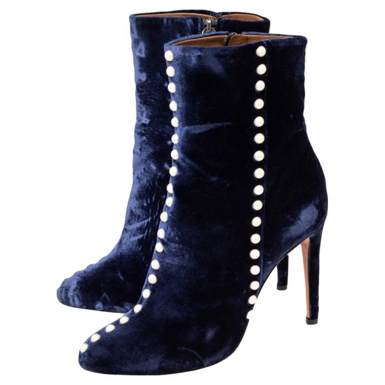 Pre Owned Aquazzura Navy Blue Velvet Follie Pearls Ankle Boots Size 38