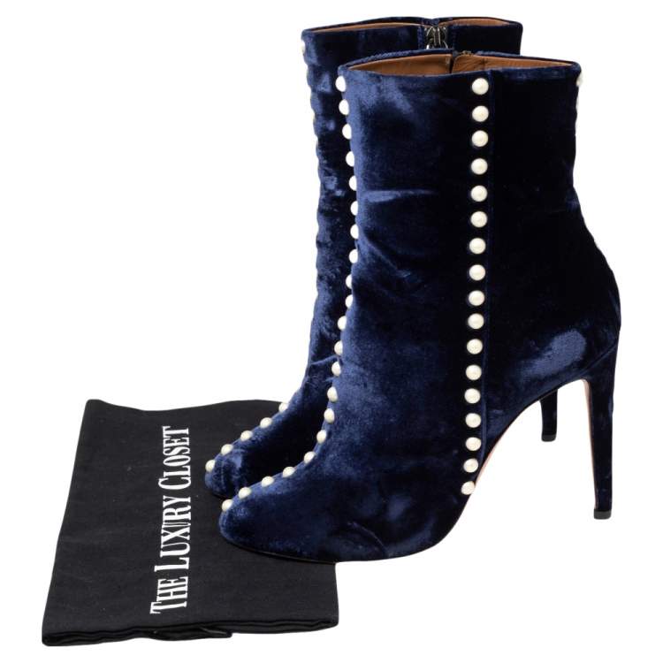 Pre Owned Aquazzura Navy Blue Velvet Follie Pearls Ankle Boots Size 38
