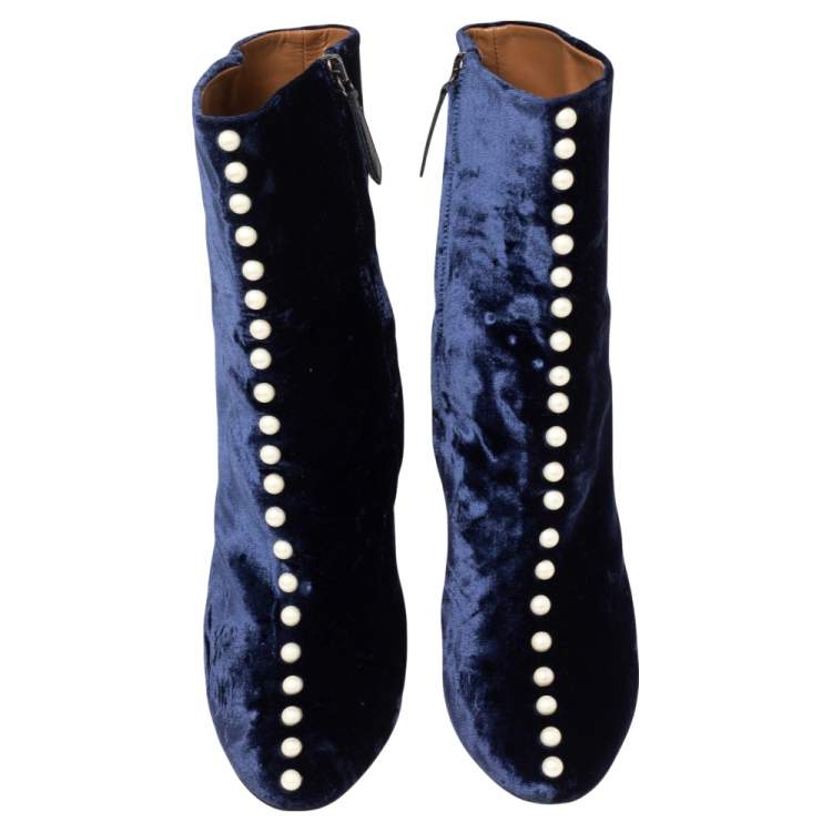 Pre Owned Aquazzura Navy Blue Velvet Follie Pearls Ankle Boots Size 38