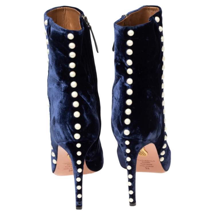 Pre Owned Aquazzura Navy Blue Velvet Follie Pearls Ankle Boots Size 38