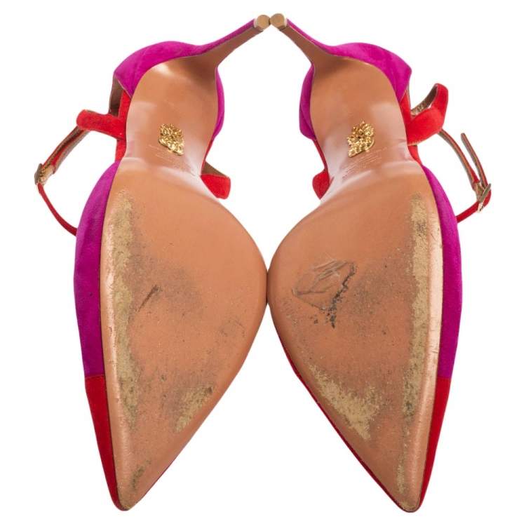Pre Owned Aquazzura Red/Purple Suede Pointed Toe Ankle Wrap Sandals Size 41