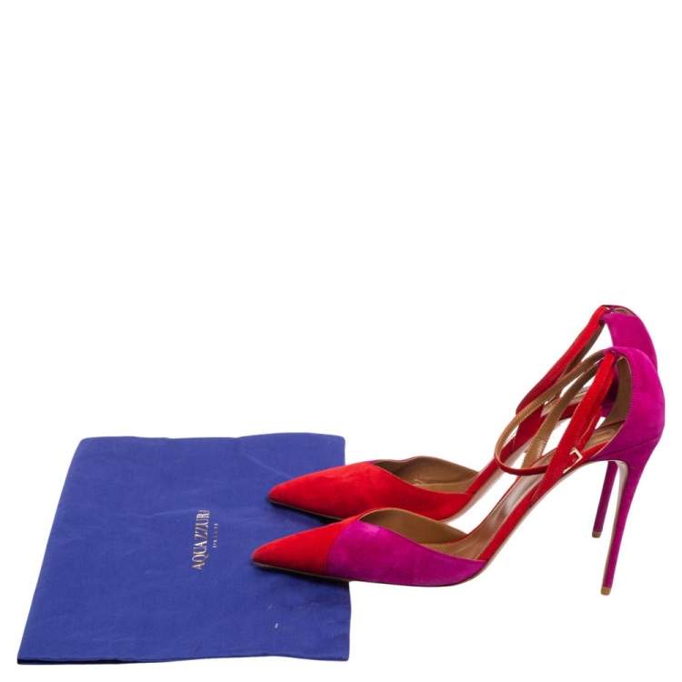Pre Owned Aquazzura Red/Purple Suede Pointed Toe Ankle Wrap Sandals Size 41