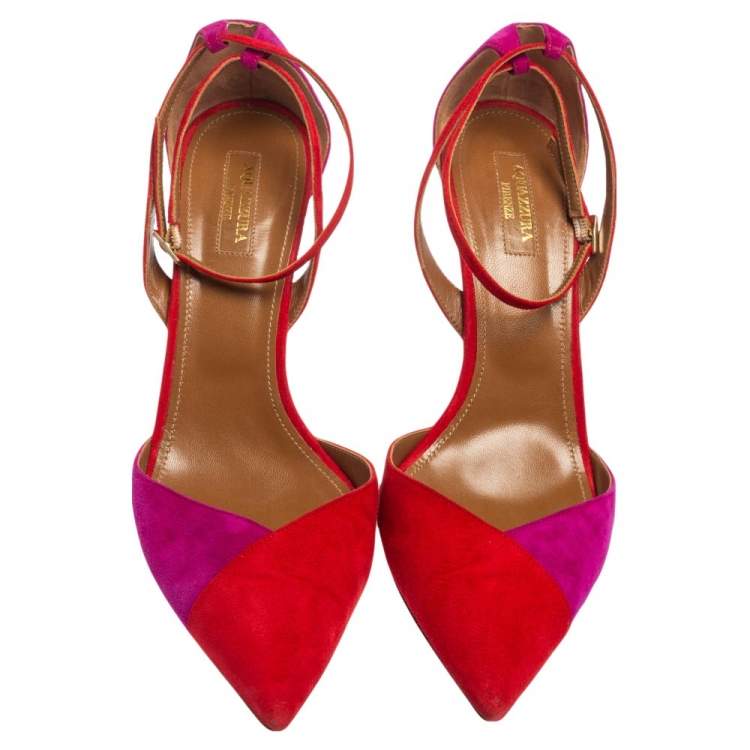 Pre Owned Aquazzura Red/Purple Suede Pointed Toe Ankle Wrap Sandals Size 41