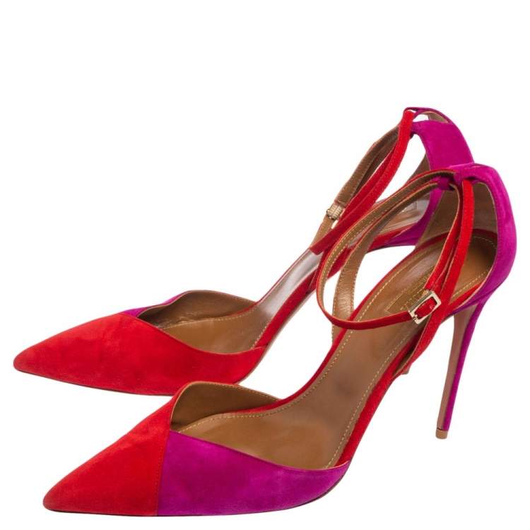Pre Owned Aquazzura Red/Purple Suede Pointed Toe Ankle Wrap Sandals Size 41