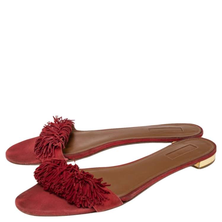 Pre Owned Aquazzura Black Suede Wild Thing Fringe Flat Slide Size 42