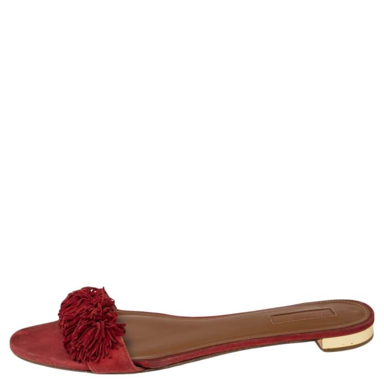 Pre Owned Aquazzura Black Suede Wild Thing Fringe Flat Slide Size 42