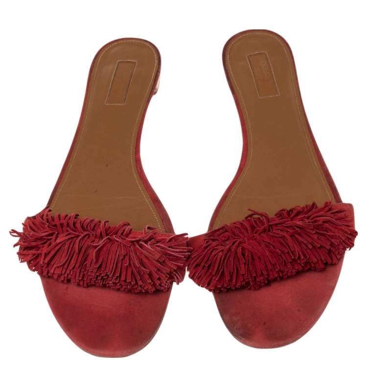 Pre Owned Aquazzura Black Suede Wild Thing Fringe Flat Slide Size 42