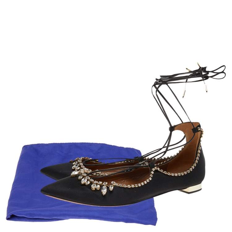 Pre Owned Aquazzura Black Satin Crystal Embellished Ankle Wrap Pointed Toe Ballet Flats Size 41