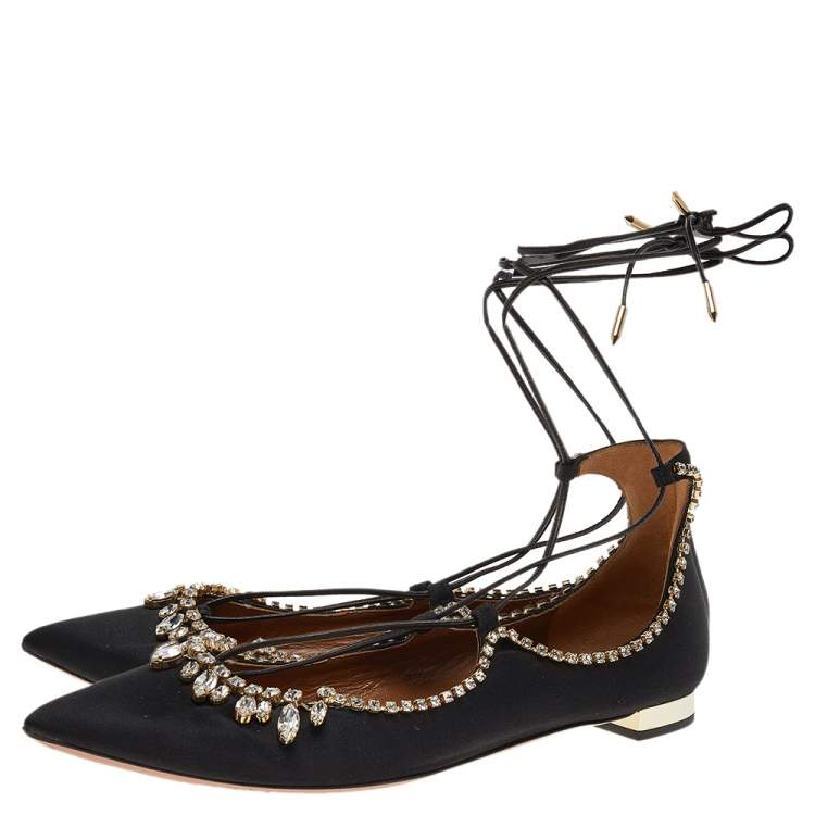 Pre Owned Aquazzura Black Satin Crystal Embellished Ankle Wrap Pointed Toe Ballet Flats Size 41