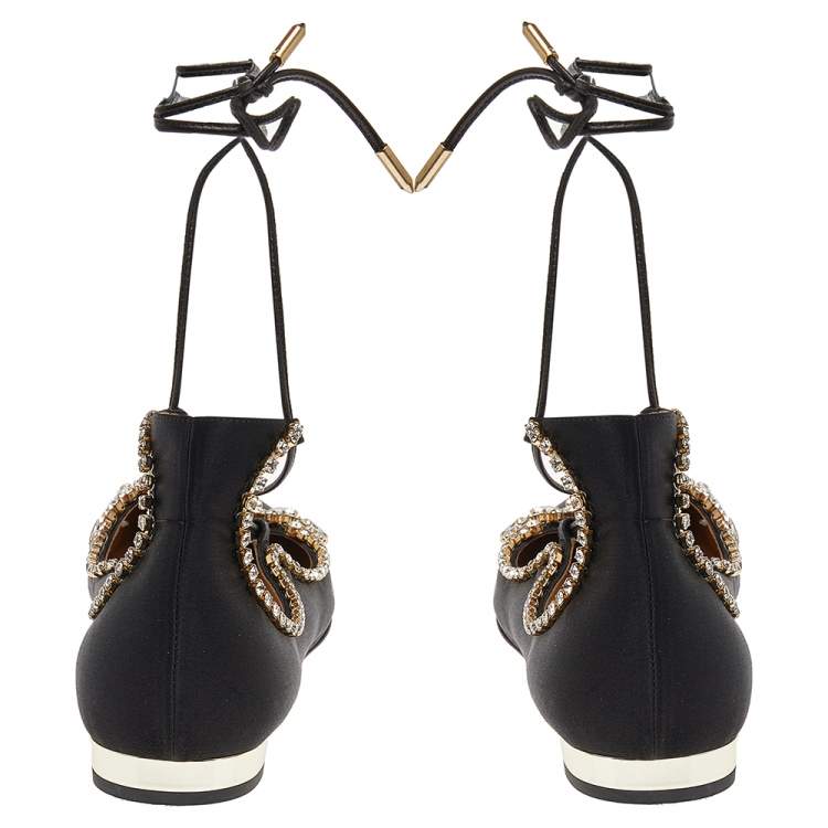 Pre Owned Aquazzura Black Satin Crystal Embellished Ankle Wrap Pointed Toe Ballet Flats Size 41