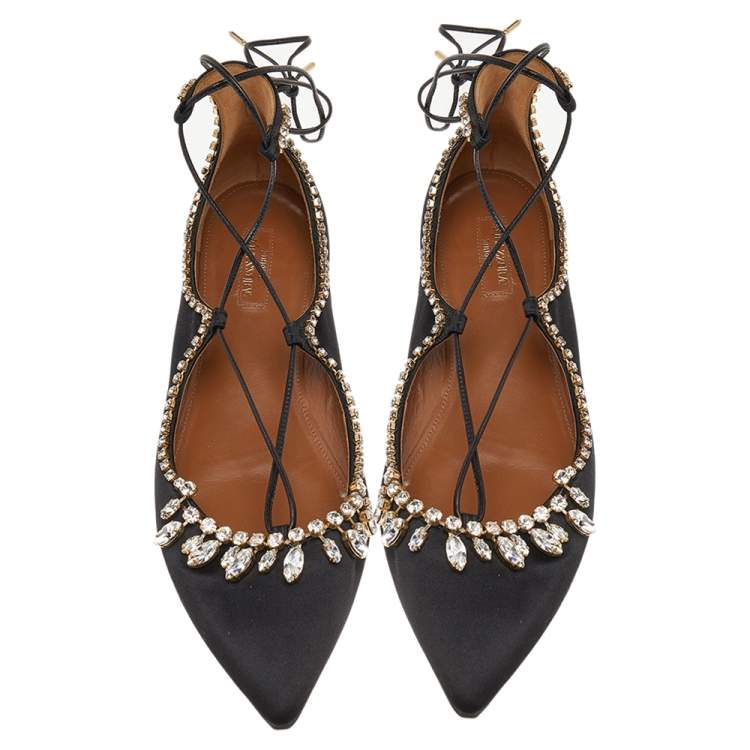 Pre Owned Aquazzura Black Satin Crystal Embellished Ankle Wrap Pointed Toe Ballet Flats Size 41