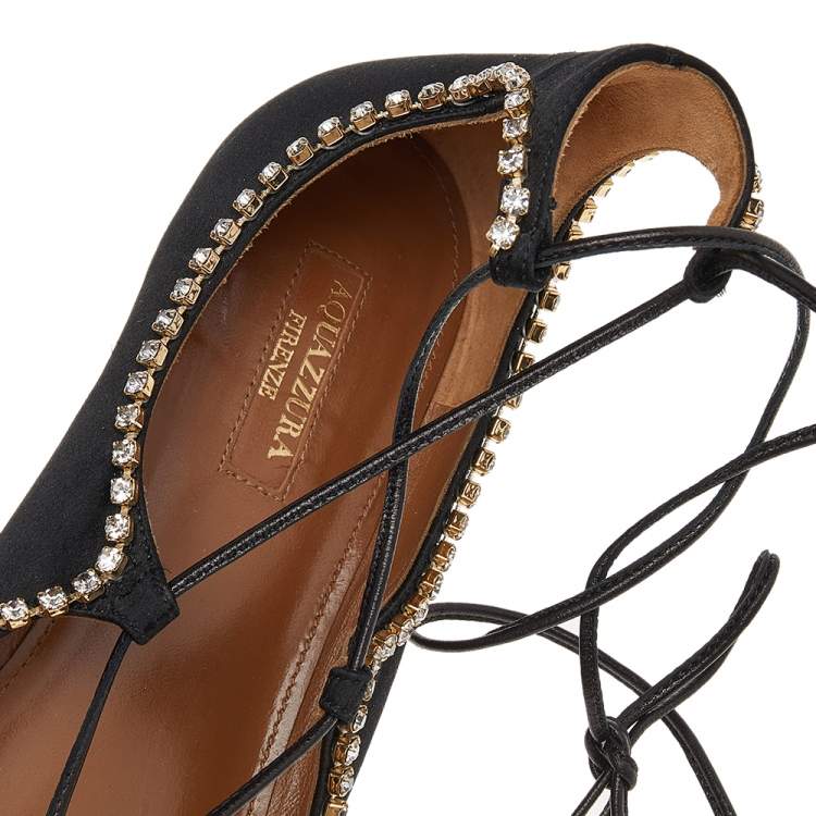 Pre Owned Aquazzura Black Satin Crystal Embellished Ankle Wrap Pointed Toe Ballet Flats Size 41