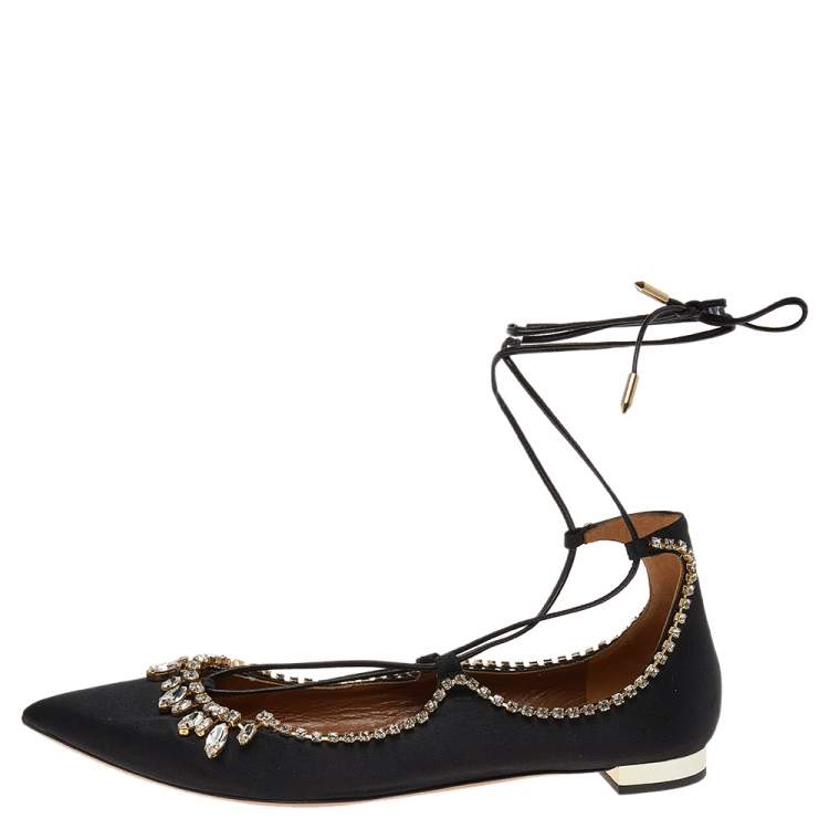 Pre Owned Aquazzura Black Satin Crystal Embellished Ankle Wrap Pointed Toe Ballet Flats Size 41