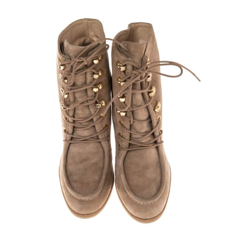 Pre Owned Aquazzura Beige Suede Woodstock  Ankle Boots Size 40.5