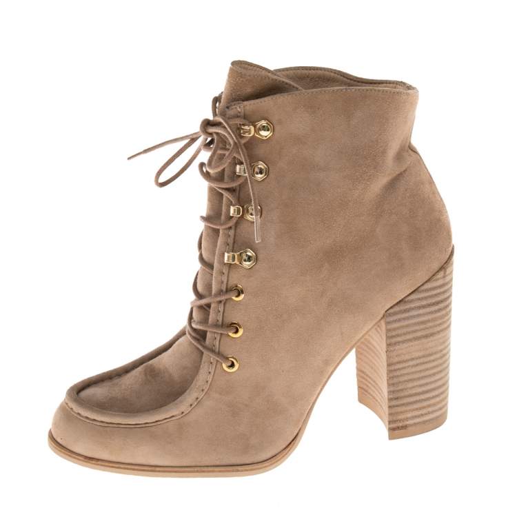 Pre Owned Aquazzura Beige Suede Woodstock  Ankle Boots Size 40.5