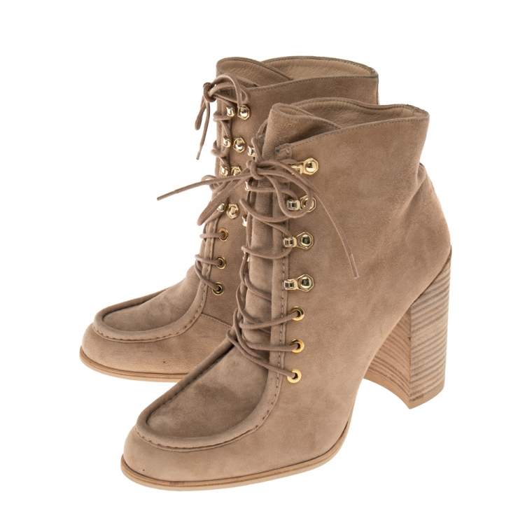 Pre Owned Aquazzura Beige Suede Woodstock  Ankle Boots Size 40.5
