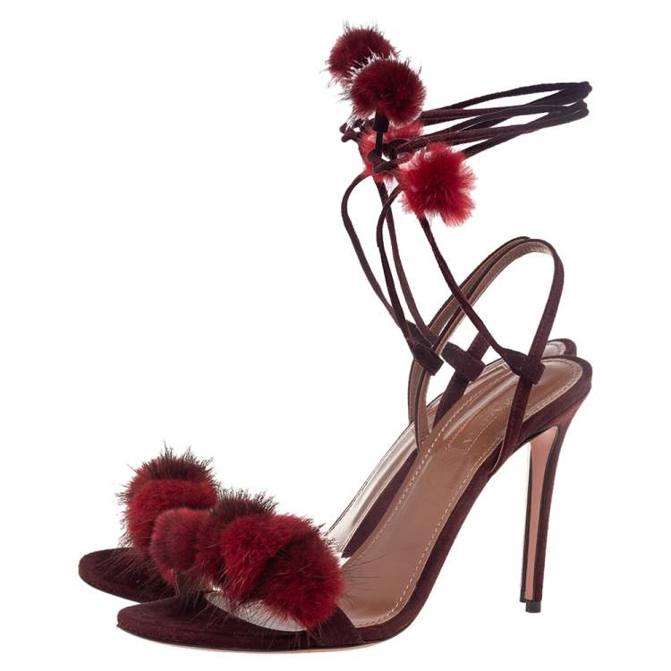 Pre Owned Aquazzura  Burgundy Suede Pompom Strappy Sandals Size 38.5