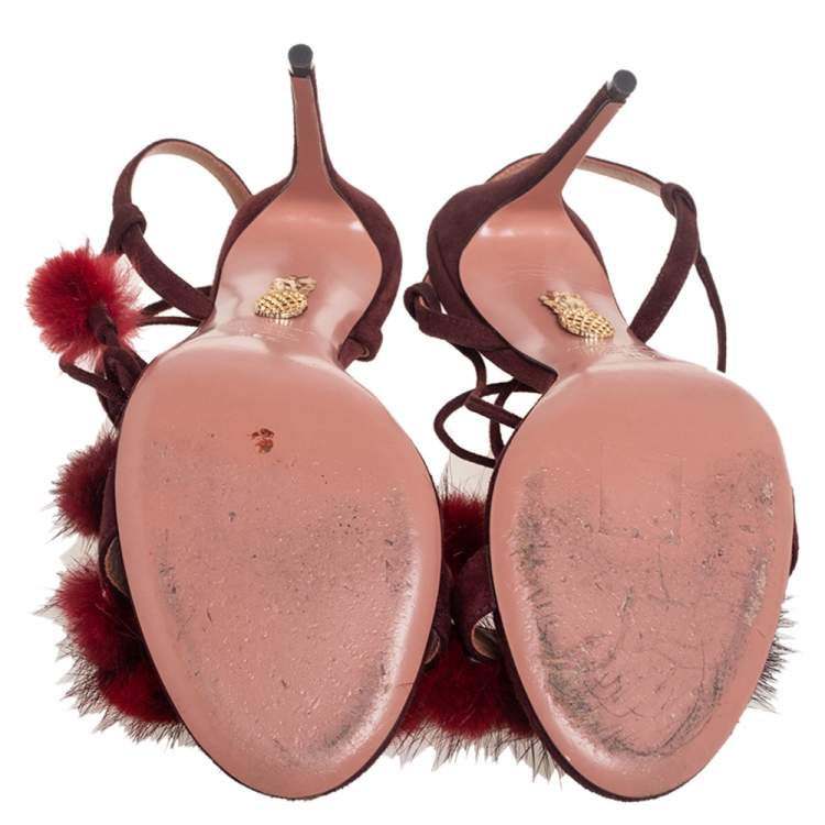 Pre Owned Aquazzura  Burgundy Suede Pompom Strappy Sandals Size 38.5