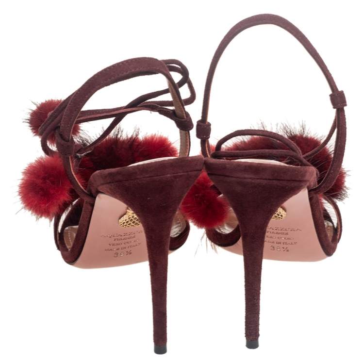 Pre Owned Aquazzura  Burgundy Suede Pompom Strappy Sandals Size 38.5