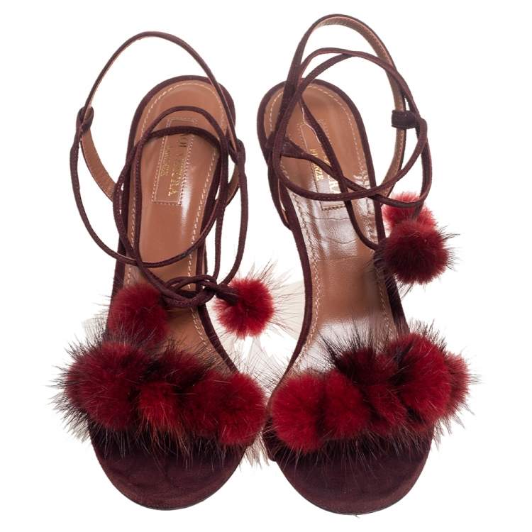 Pre Owned Aquazzura  Burgundy Suede Pompom Strappy Sandals Size 38.5