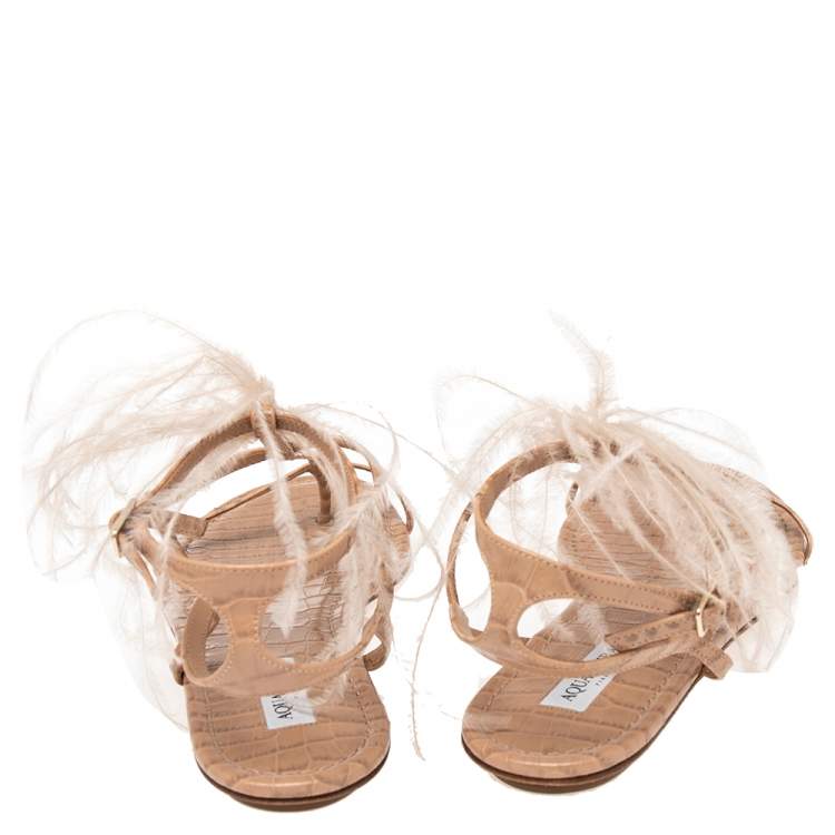 مملوكة مسبقًا Aquazzura Beige Snake Embossed Leather Feather Trimmed T- Strap Sandals Size 39