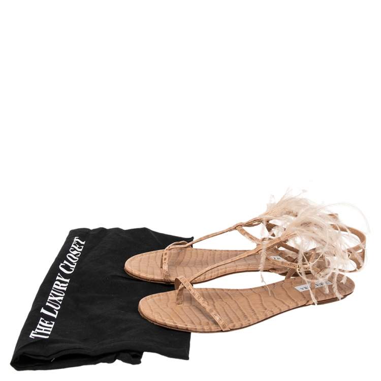 مملوكة مسبقًا Aquazzura Beige Snake Embossed Leather Feather Trimmed T- Strap Sandals Size 39