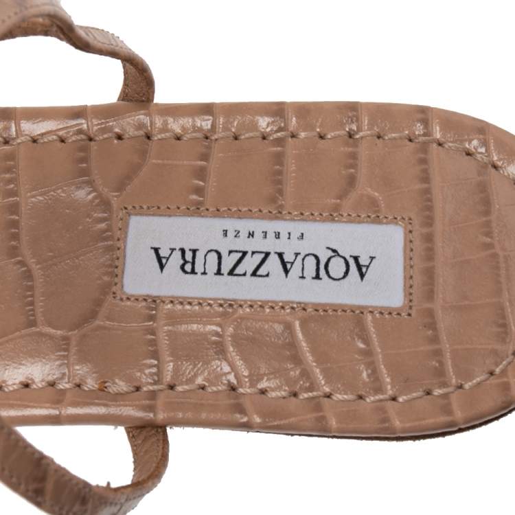 مملوكة مسبقًا Aquazzura Beige Snake Embossed Leather Feather Trimmed T- Strap Sandals Size 39