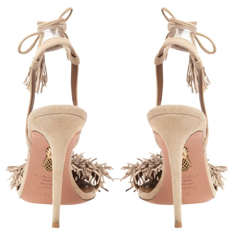 Pre Owned Aquazzura Beige Fringed Suede Wild Thing Ankle Wrap Sandals Size 38