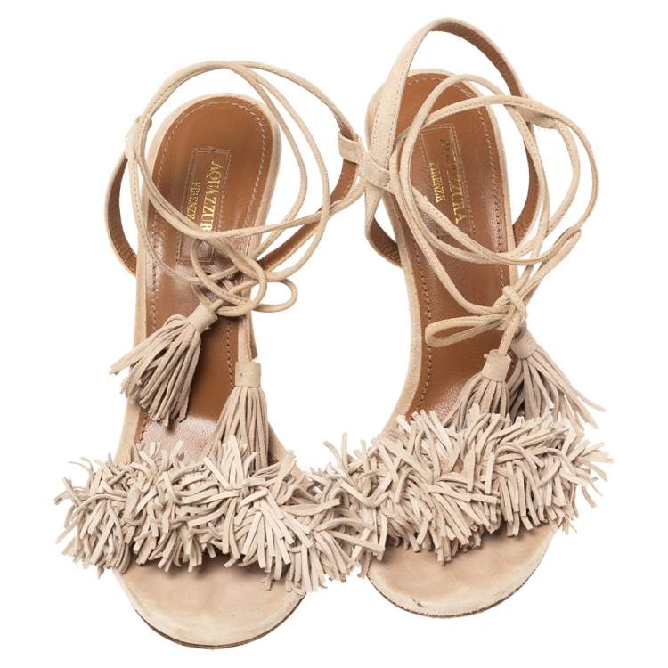 Pre Owned Aquazzura Beige Fringed Suede Wild Thing Ankle Wrap Sandals Size 38