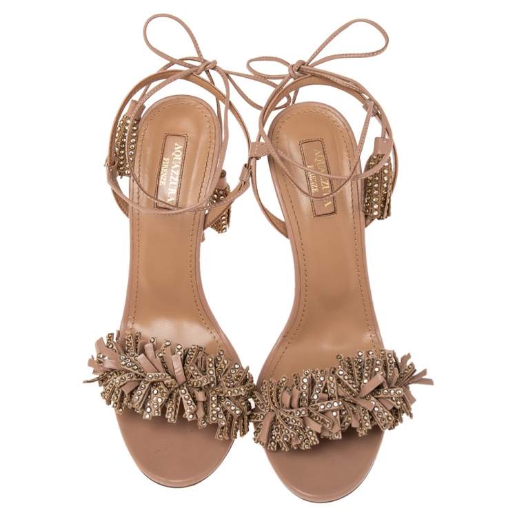 Pre Owned Aquazzura Beige Leather Wild Thing Embellished Fringe And Tassel Ankle Wrap Sandals Size 38.5