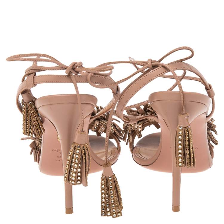 Pre Owned Aquazzura Beige Leather Wild Thing Embellished Fringe And Tassel Ankle Wrap Sandals Size 38.5