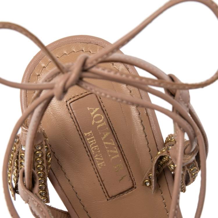 Pre Owned Aquazzura Beige Leather Wild Thing Embellished Fringe And Tassel Ankle Wrap Sandals Size 38.5