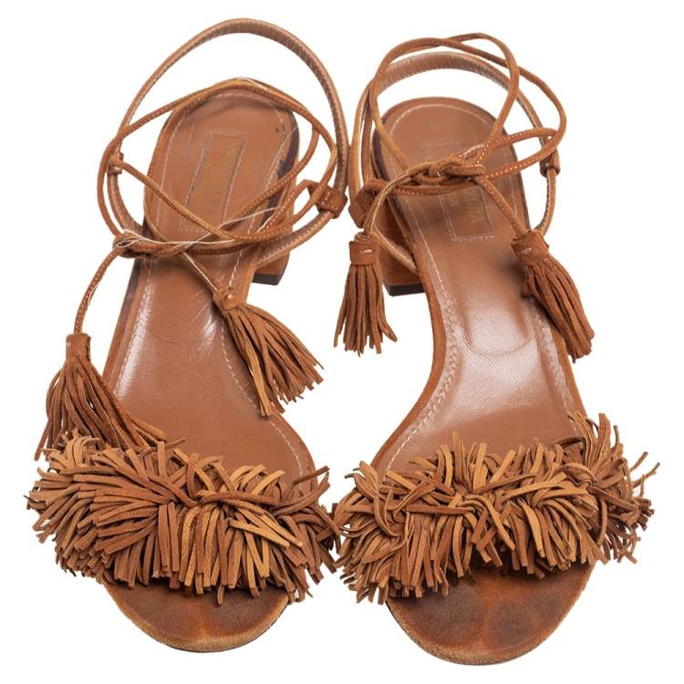 Pre Owned Aquazzura Brown Suede Wild Thing Ankle Wrap Sandals Size 38