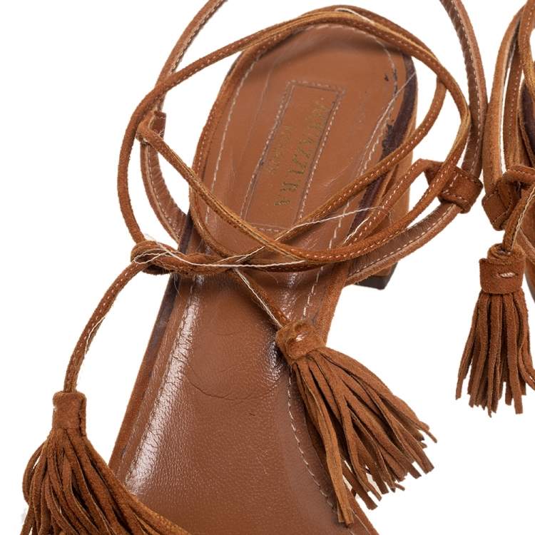 Pre Owned Aquazzura Brown Suede Wild Thing Ankle Wrap Sandals Size 38