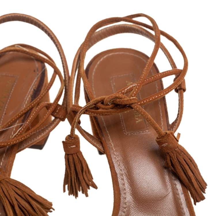 Pre Owned Aquazzura Brown Suede Wild Thing Ankle Wrap Sandals Size 38