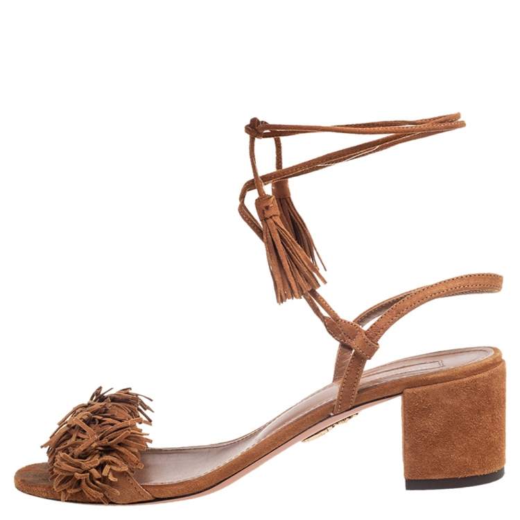 Pre Owned Aquazzura Brown Suede Wild Thing Ankle Wrap Sandals Size 38