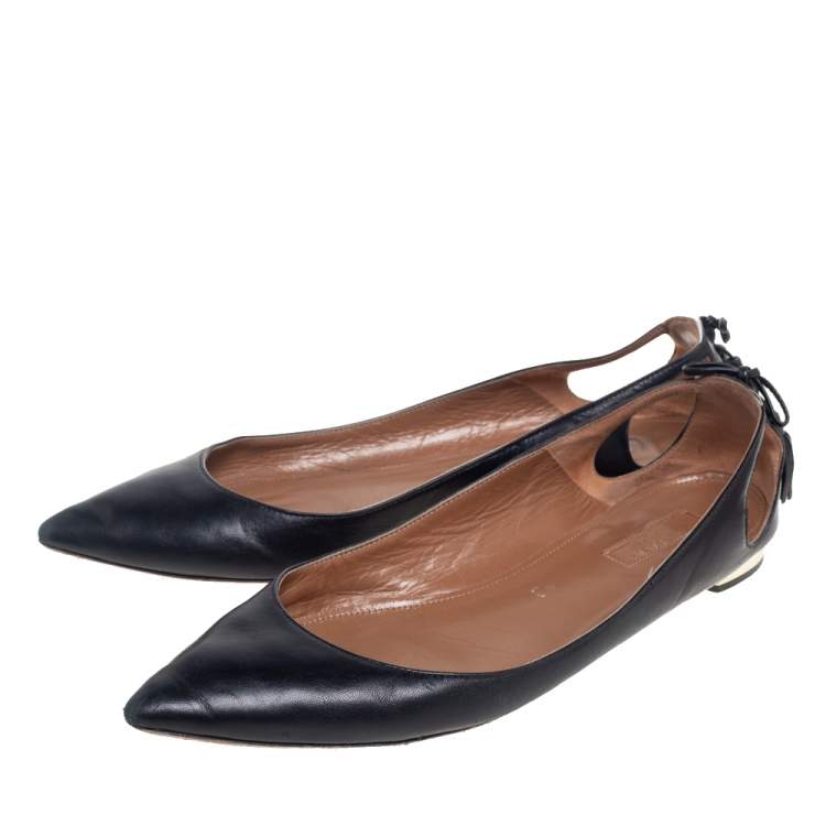 Pre Owned Aquazzura Black Leather Forever Marilyn Tassel Ballet Flats Size 39