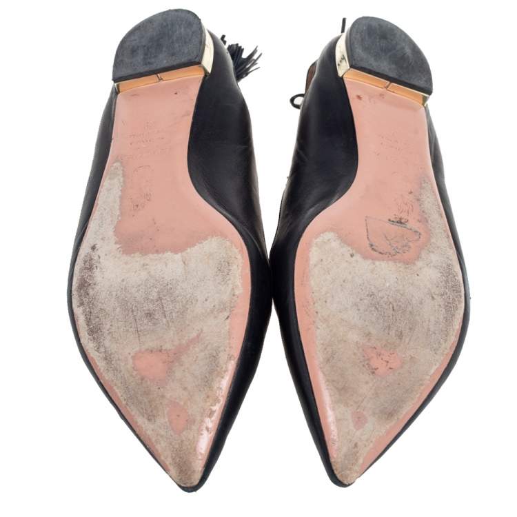 Pre Owned Aquazzura Black Leather Forever Marilyn Tassel Ballet Flats Size 39