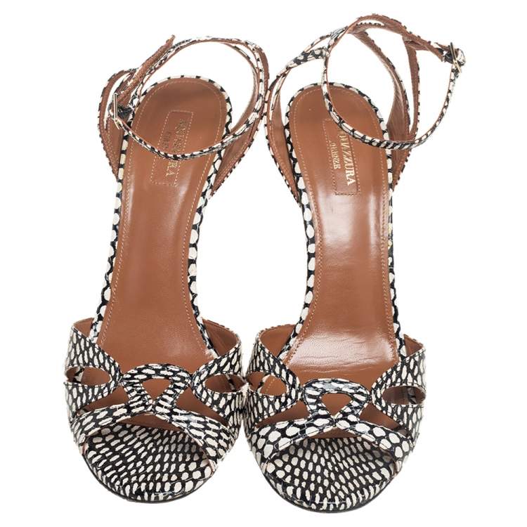 Pre Owned Aquazzura White/Black Python Embossed Leather Ankle Strap Sandals Size 41