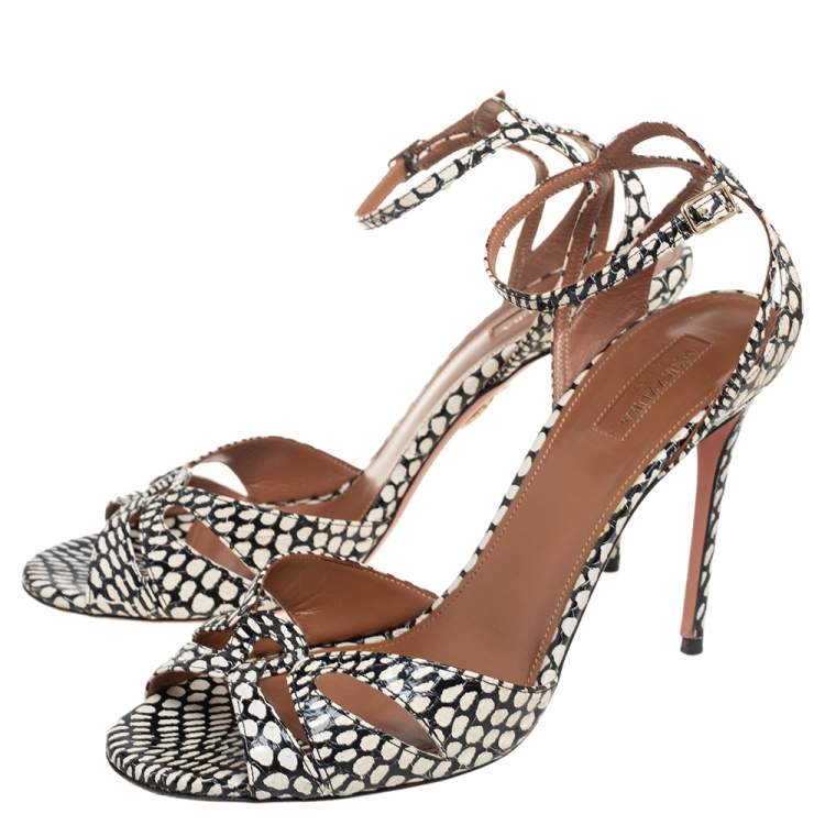 Pre Owned Aquazzura White/Black Python Embossed Leather Ankle Strap Sandals Size 41