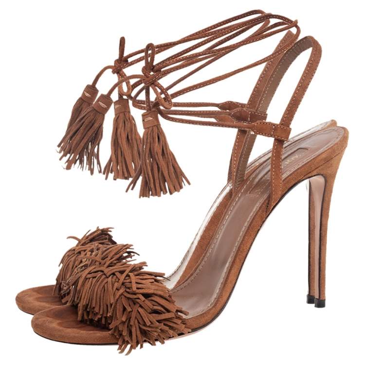 Pre Owned Aquazzura Brown Fringed Suede Wild Thing Ankle Wrap Sandals Size 37