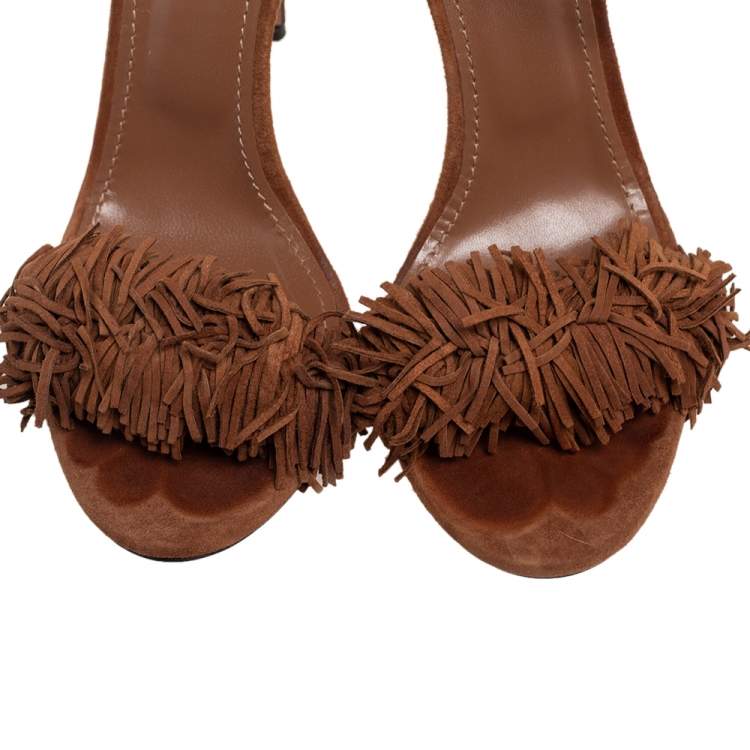 Pre Owned Aquazzura Brown Fringed Suede Wild Thing Ankle Wrap Sandals Size 37
