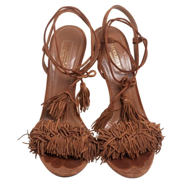 Pre Owned Aquazzura Brown Fringed Suede Wild Thing Ankle Wrap Sandals Size 37