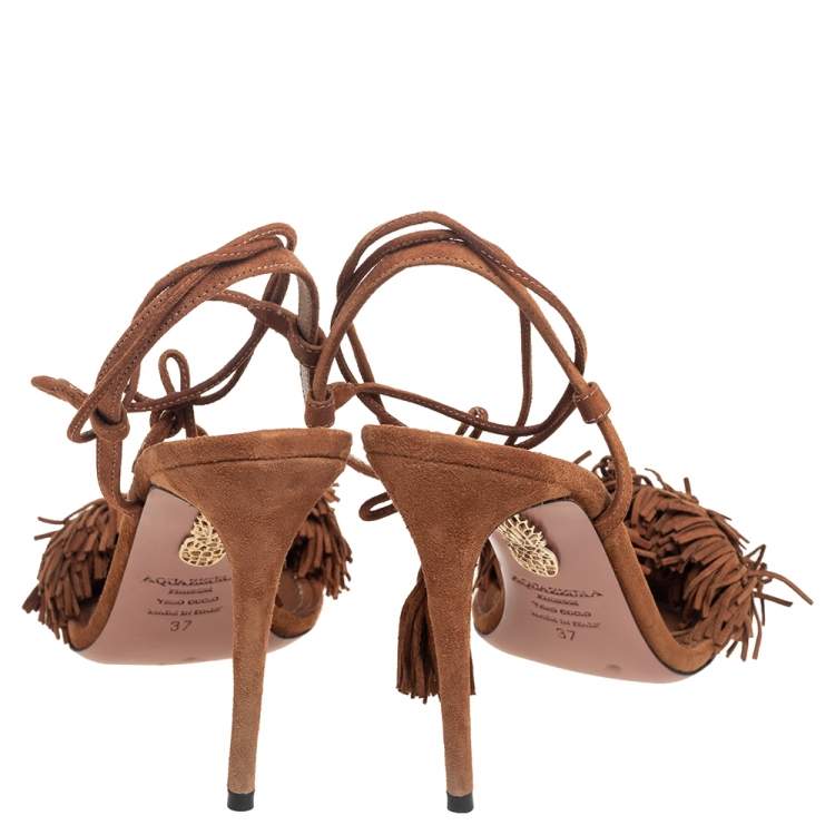 Pre Owned Aquazzura Brown Fringed Suede Wild Thing Ankle Wrap Sandals Size 37