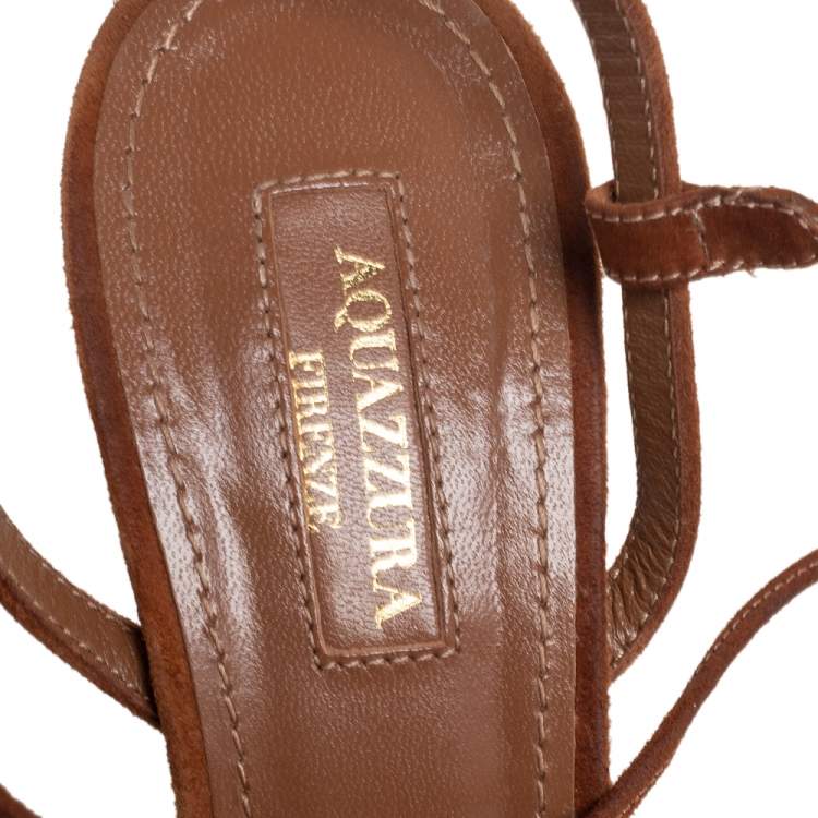 Pre Owned Aquazzura Brown Fringed Suede Wild Thing Ankle Wrap Sandals Size 37