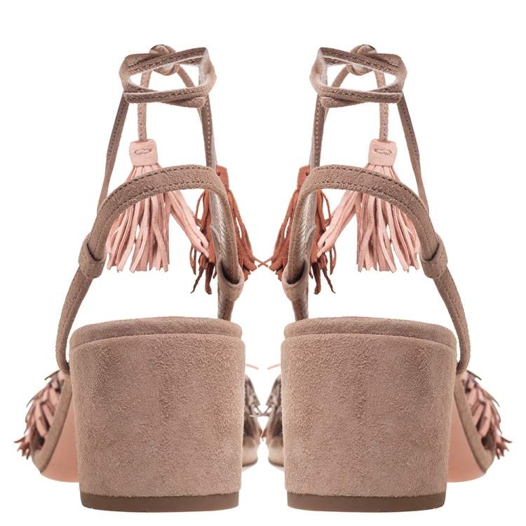 Pre Owned Aquazzura Beige Suede Wild Thing Fringe Ankle Wrap Sandals Size 37
