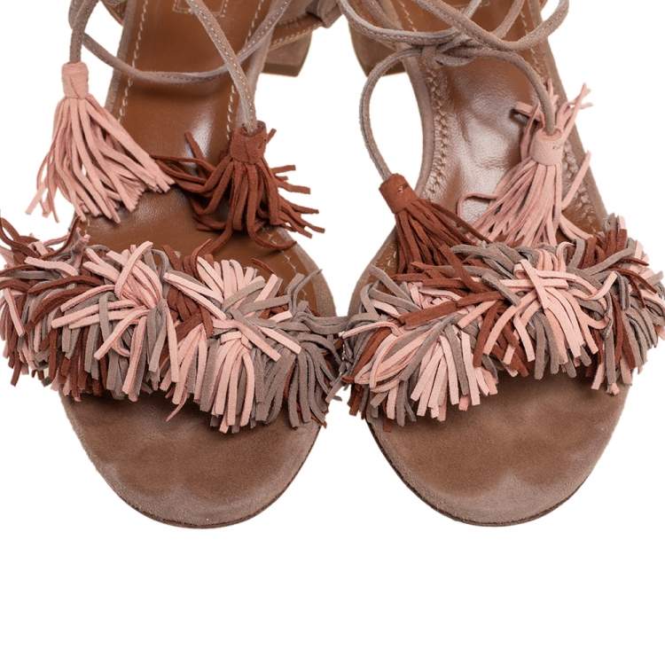 Pre Owned Aquazzura Beige Suede Wild Thing Fringe Ankle Wrap Sandals Size 37
