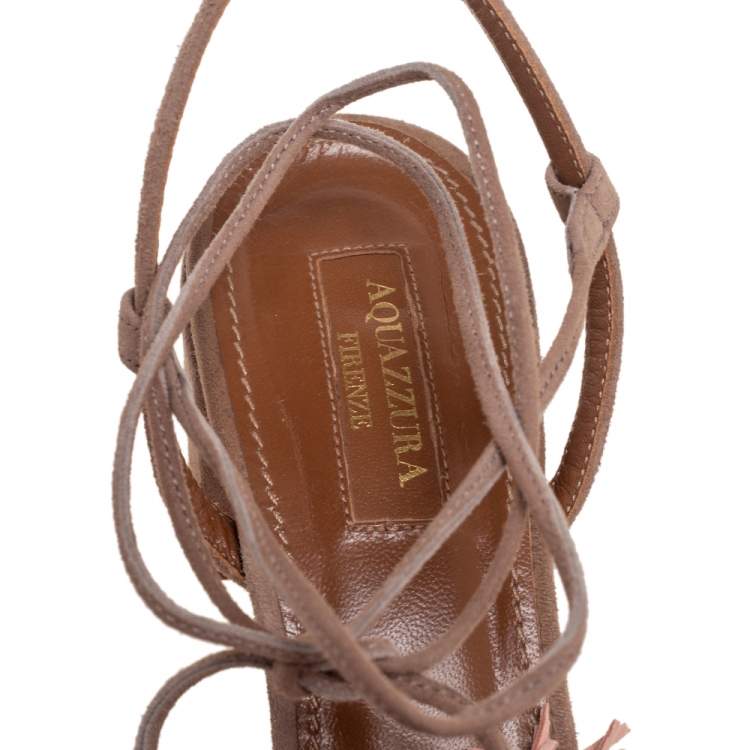 Pre Owned Aquazzura Beige Suede Wild Thing Fringe Ankle Wrap Sandals Size 37